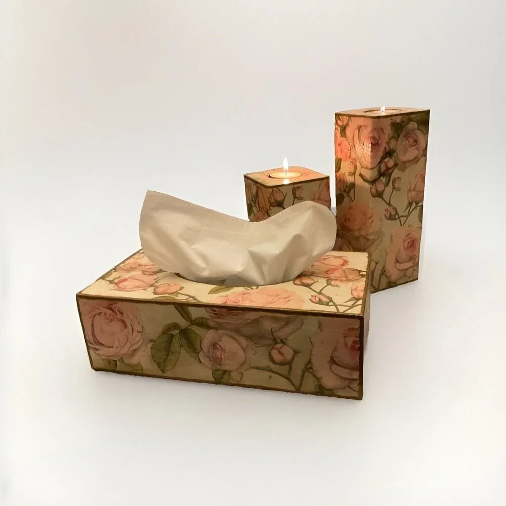 Handmade Wooden Pink Rose Candle Holders And Refillable Tissue Box Set - Picture 5 of 5